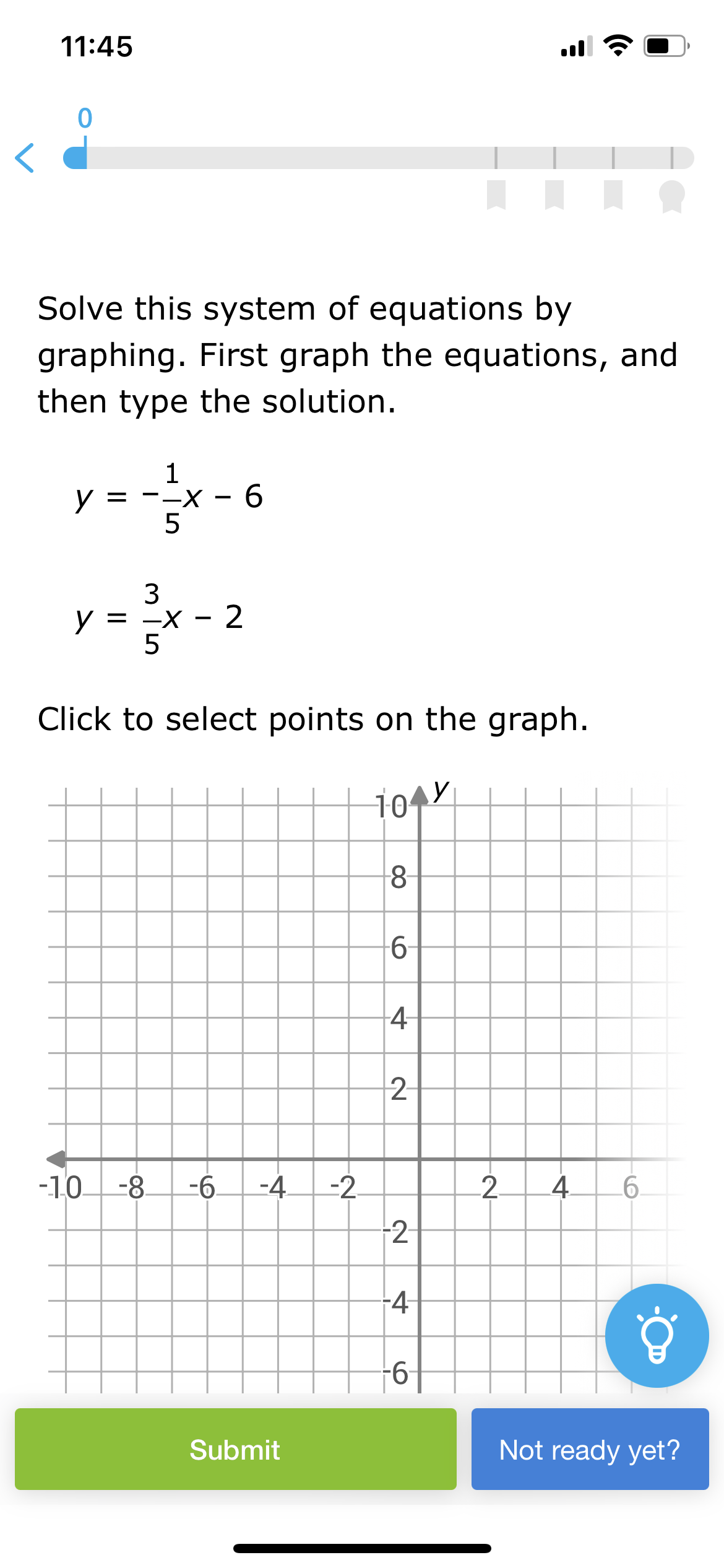 11:45
0
Solve this system of equations by
graphing. First graph the equations, and
then type the solution.
1
-
y = --x 6
5
35
y = -x - 2
Click to select points on the graph.
y
10
8-
60
4
2-
-10-8 -6
-4 -2
2.
4
6.
2-
-4-
Submit
-6
Not ready yet?