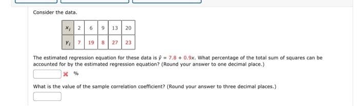 Consider the data.
x 2 69 13 20
V₁7 19 8 27 23
The estimated regression equation for these data is = 7.8 +0.9x. What percentage of the total sum of squares can be
accounted for by the estimated regression equation? (Round your answer to one decimal place.)
X%
What is the value of the sample correlation coefficient? (Round your answer to three decimal places.)