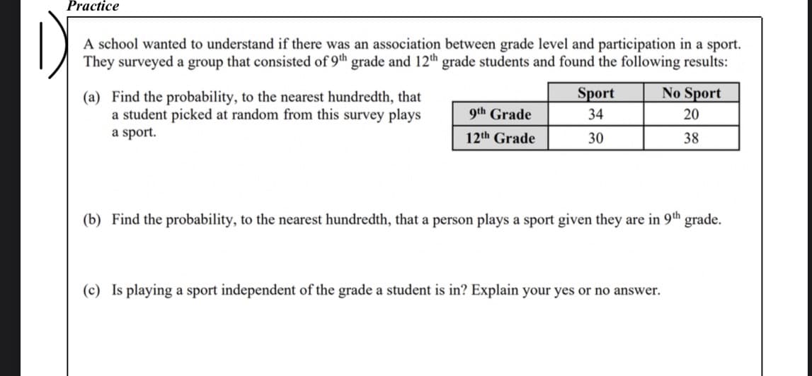 Practice
A school wanted to understand if there was an association between grade level and participation in a sport.
They surveyed a group that consisted of 9th grade and 12th grade students and found the following results:
(a) Find the probability, to the nearest hundredth, that
a student picked at random from this survey plays
a sport.
9th Grade
Sport
34
No Sport
20
12th Grade
30
38
(b) Find the probability, to the nearest hundredth, that a person plays a sport given they are in 9th grade.
(c) Is playing a sport independent of the grade a student is in? Explain your yes or no answer.
