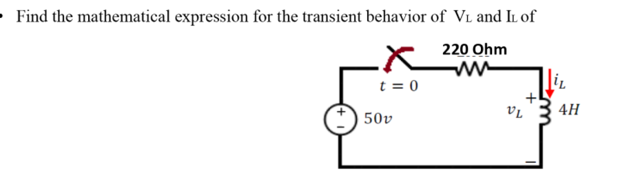 • Find the mathematical expression for the transient behavior of VL and IL of
220 Ohm
t = 0
VL
4H
50v
