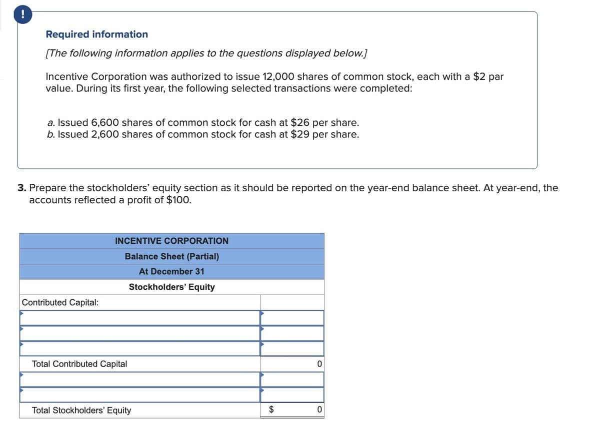 Required information
[The following information applies to the questions displayed below.]
Incentive Corporation was authorized to issue 12,000 shares of common stock, each with a $2 par
value. During its first year, the following selected transactions were completed:
a. Issued 6,600 shares of common stock for cash at $26 per share.
b. Issued 2,600 shares of common stock for cash at $29 per share.
3. Prepare the stockholders' equity section as it should be reported on the year-end balance sheet. At year-end, the
accounts reflected a profit of $100.
Contributed Capital:
INCENTIVE CORPORATION
Balance Sheet (Partial)
At December 31
Stockholders' Equity
Total Contributed Capital
0
Total Stockholders' Equity
$
0