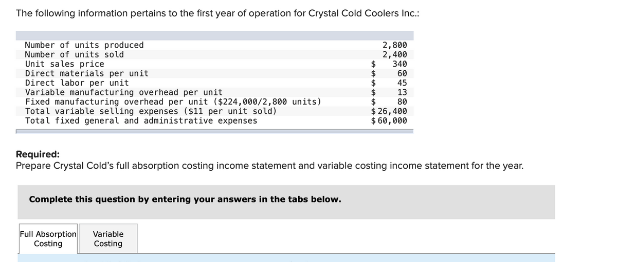 The following information pertains to the first year of operation for Crystal Cold Coolers Inc.:
Number of units produced
Number of units sold
Unit sales price
Direct materials per unit
Direct labor per unit
Variable manufacturing overhead per unit
Fixed manufacturing overhead per unit ($224,000/2,800 units)
Total variable selling expenses ($11 per unit sold)
Total fixed general and administrative expenses
Complete this question by entering your answers in the tabs below.
Required:
Prepare Crystal Cold's full absorption costing income statement and variable costing income statement for the year.
Full Absorption
Costing
2,800
2,400
340
60
45
13
80
Variable
Costing
$ 26,400
$ 60,000