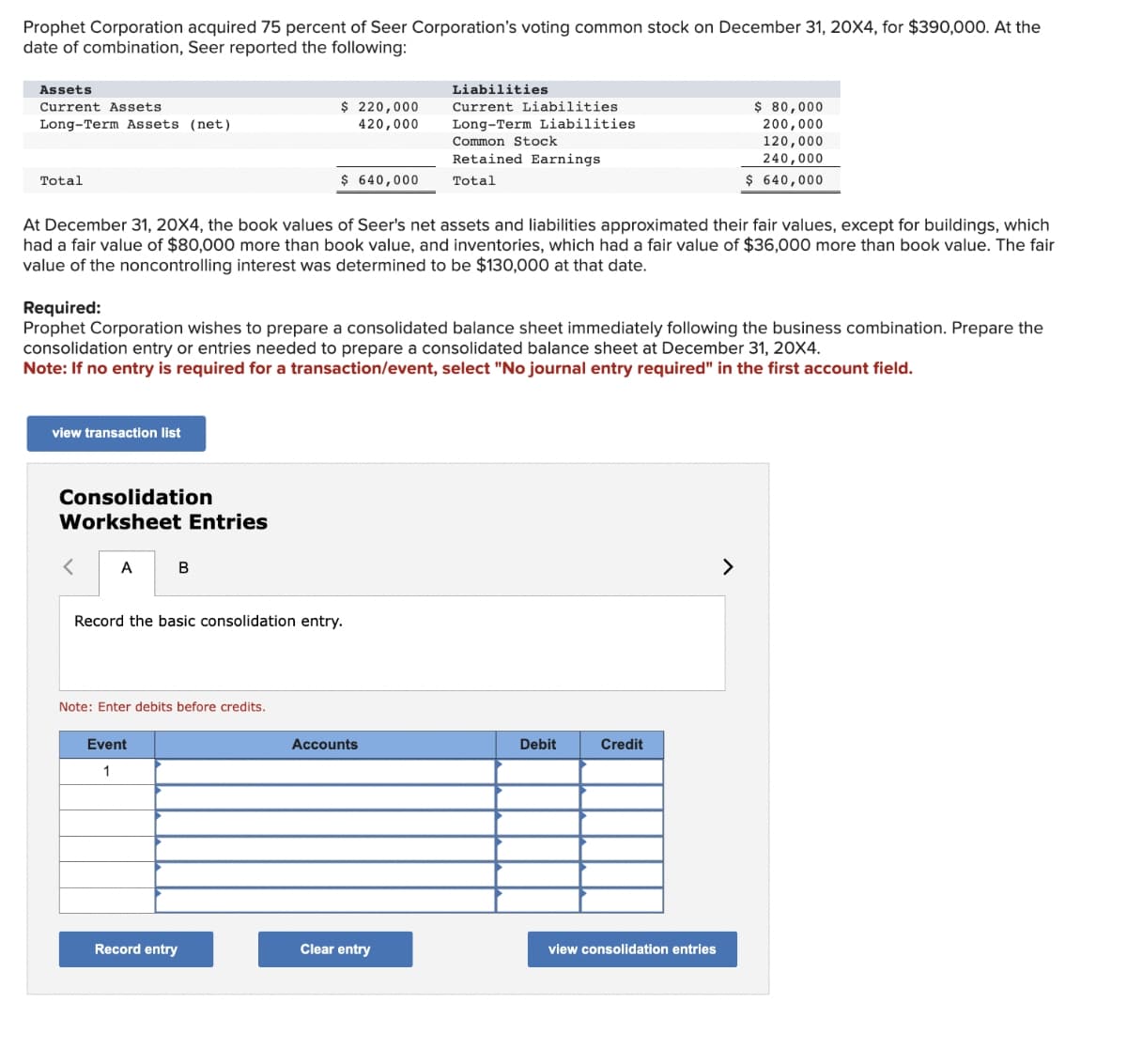 Prophet Corporation acquired 75 percent of Seer Corporation's voting common stock on December 31, 20X4, for $390,000. At the
date of combination, Seer reported the following:
Assets
Current Assets
Long-Term Assets (net)
Total
view transaction list
Consolidation
Worksheet Entries
At December 31, 20X4, the book values of Seer's net assets and liabilities approximated their fair values, except for buildings, which
had a fair value of $80,000 more than book value, and inventories, which had a fair value of $36,000 more than book value. The fair
value of the noncontrolling interest was determined to be $130,000 at that date.
A
Required:
Prophet Corporation wishes to prepare a consolidated balance sheet immediately following the business combination. Prepare the
consolidation entry or entries needed to prepare a consolidated balance sheet at December 31, 20X4.
Note: If no entry is required for a transaction/event, select "No journal entry required" in the first account field.
B
$ 220,000
420,000
Note: Enter debits before credits.
Event
1
$ 640,000
Record the basic consolidation entry.
Record entry
Liabilities
Current Liabilities
Long-Term Liabilities
Common Stock
Retained Earnings.
Total
Accounts
Clear entry
Debit
Credit
$ 80,000
200,000
120,000
240,000
$ 640,000
view consolidation entries
>