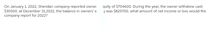On January 1, 2022, Sheridan company reported ownel
$30500. at December 31,2022, the balance in owners' e
company report for 2022?
quity of $704600. During the year, the owner withdrew cash
y was $825700. what amount of net income or loss would the