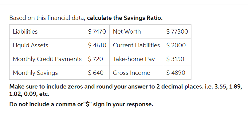 Based on this financial data, calculate the Savings Ratio.
$7470
Net Worth
Liquid Assets
$ 4610
Monthly Credit Payments
$720
Monthly Savings
$ 640
Gross Income
Make sure to include zeros and round your answer to 2 decimal places. i.e. 3.55, 1.89,
1.02, 0.09, etc.
Do not include a comma or"$" sign in your response.
Liabilities
Current Liabilities
Take-home Pay
$ 77300
$2000
$ 3150
$ 4890