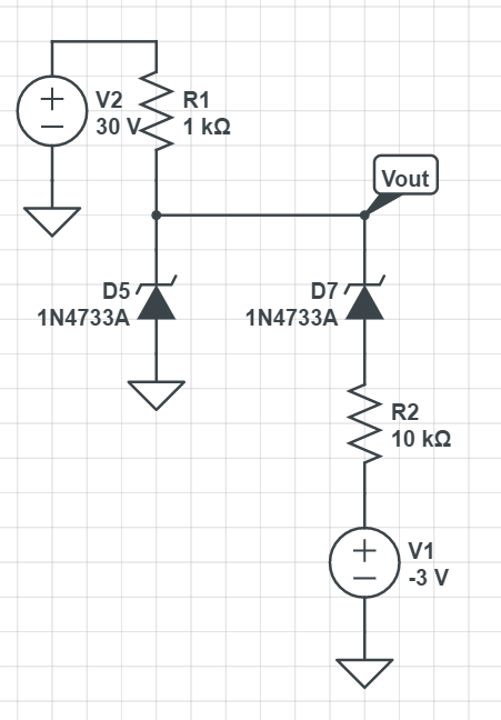 + V2
32
30 V
D5
1N4733A
R1
1 ΚΩ
D7
1N4733A
T+
Vout
R2
10 ΚΩ
V1
-3 V