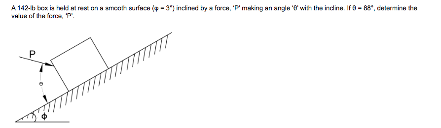 A 142-lb box is held at rest on a smooth surface (p = 3°) inclined by a force, 'P' making an angle '0' with the incline. If 0 = 88°, determine the
value of the force, 'P'.
P