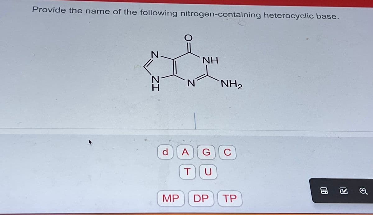 Provide the name of the following nitrogen-containing heterocyclic base.
N-
ZI
d
MP
N
NH
NH₂
A G C
TU
DP TP