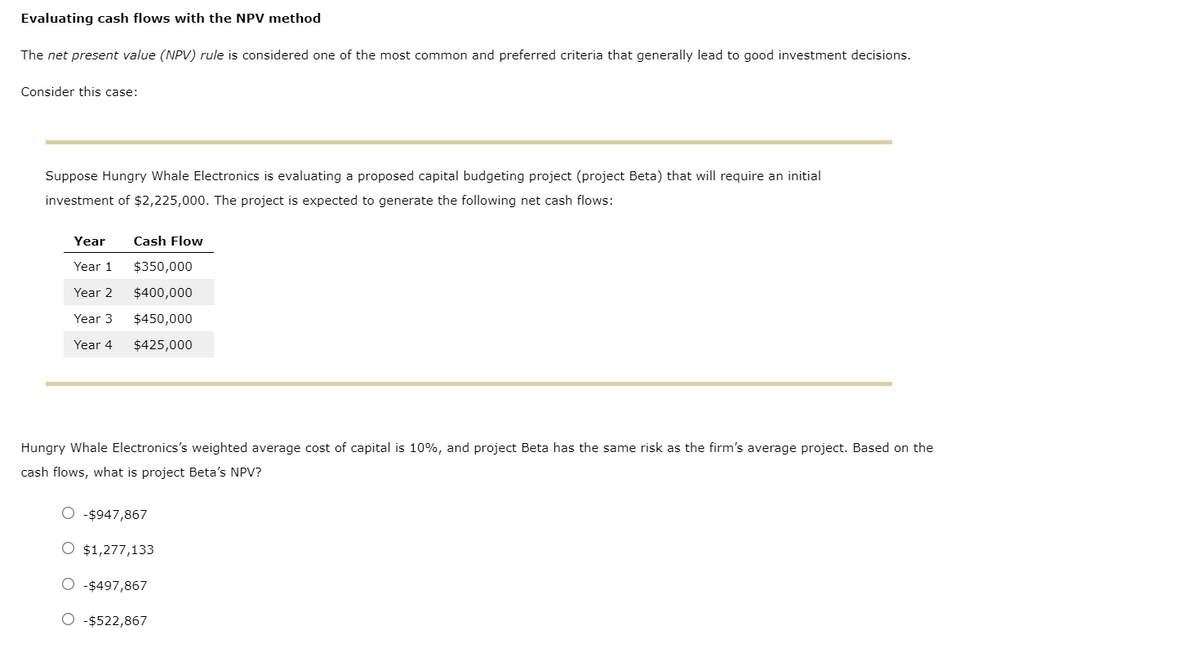 Evaluating cash flows with the NPV method
The net present value (NPV) rule is considered one of the most common and preferred criteria that generally lead to good investment decisions.
Consider this case:
Suppose Hungry Whale Electronics is evaluating a proposed capital budgeting project (project Beta) that will require an initial
investment of $2,225,000. The project is expected to generate the following net cash flows:
Year
Cash Flow
Year 1
$350,000
Year 2
$400,000
Year 3
$450,000
Year 4
$425,000
Hungry Whale Electronics's weighted average cost of capital is 10%, and project Beta has the same risk as the firm's average project. Based on the
cash flows, what is project Beta's NPV?
O -$947,867
O $1,277,133
O -$497,867
O -$522,867
