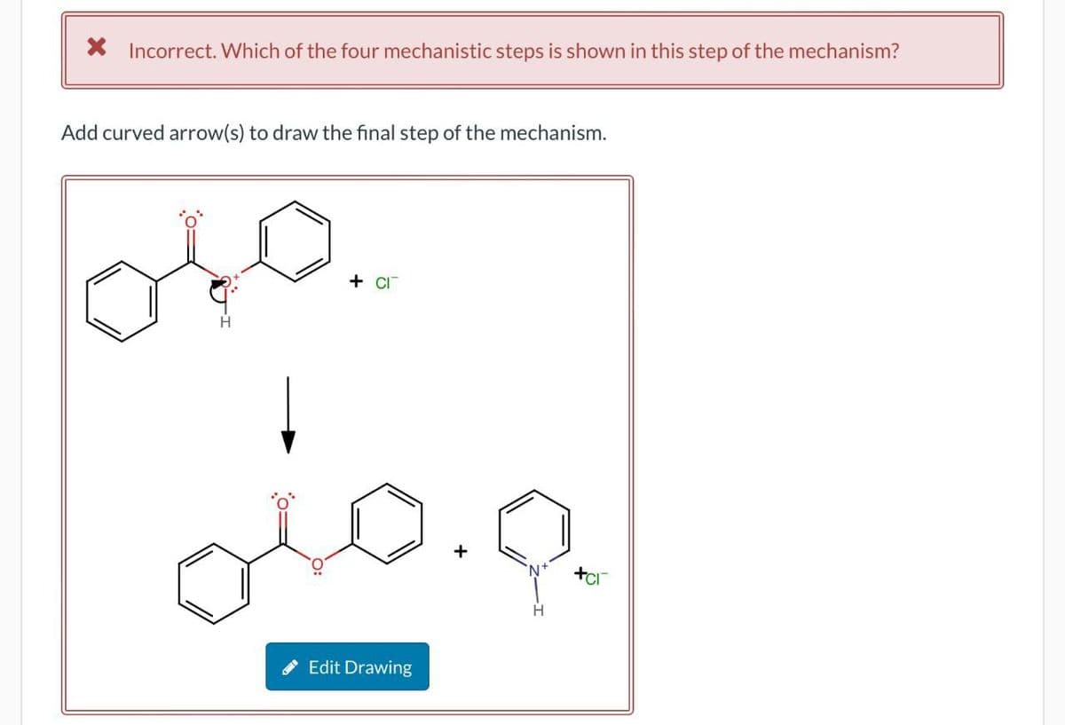 × Incorrect. Which of the four mechanistic steps is shown in this step of the mechanism?
Add curved arrow(s) to draw the final step of the mechanism.
H
+ CI
Edit Drawing
+
'N+
+ci
H