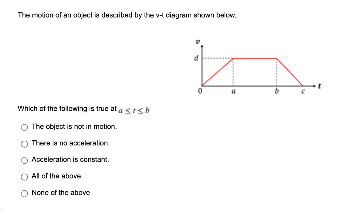 The motion of an object is described by the v-t diagram shown below.
Which of the following is true at a <t<b
The object is not in motion.
There is no acceleration.
Acceleration is constant.
All of the above.
None of the above
ע
n
a
C