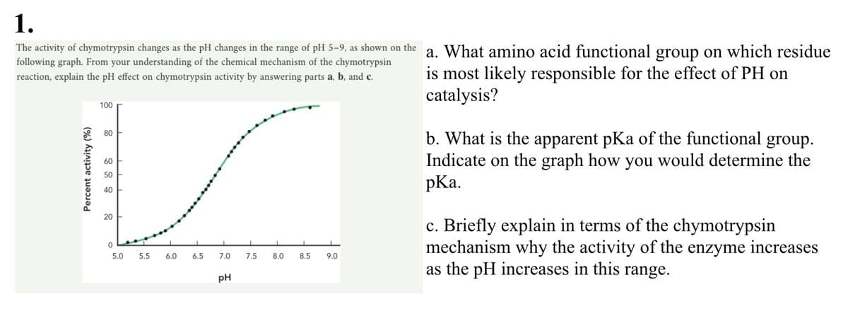 1.
The activity of chymotrypsin changes as the pH changes in the range of pH 5-9, as shown on the a. What amino acid functional group on which residue
following graph. From your understanding of the chemical mechanism of the chymotrypsin
reaction, explain the pH effect on chymotrypsin activity by answering parts a, b, and c.
is most likely responsible for the effect of PH on
catalysis?
Percent activity (%)
100
80
60
50
40
20
0
5.0
5.5
6.0
6.5
7.0
pH
1
1
7.5 8.0 8.5 9.0
b. What is the apparent pKa of the functional group.
Indicate on the graph how you would determine the
pka.
c. Briefly explain in terms of the chymotrypsin
mechanism why the activity of the enzyme increases
as the pH increases in this range.