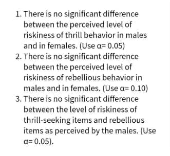 1. There is no significant difference
between the perceived level of
riskiness of thrill behavior in males
and in females. (Use a= 0.05)
2. There is no significant difference
between the perceived level of
riskiness of rebellious behavior in
males and in females. (Use a= 0.10)
3. There is no significant difference
between the level of riskiness of
thrill-seeking items and rebellious
items as perceived by the males. (Use
a= 0.05).
