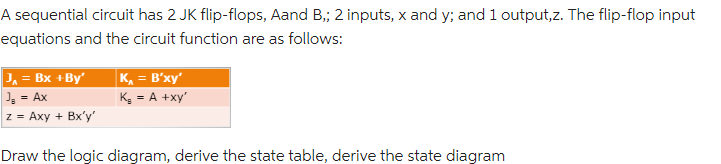 A sequential circuit has 2 JK flip-flops, Aand B,; 2 inputs, x and y; and 1 output,z. The flip-flop input
equations and the circuit function are as follows:
J = Bx +By'
J₂ = Ax
z = Axy + Bx'y'
K₁ = B'xy'
K₂ = A +xy'
Draw the logic diagram, derive the state table, derive the state diagram