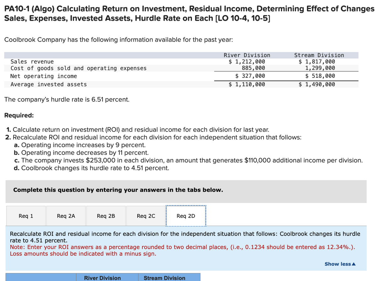 PA10-1 (Algo) Calculating Return on Investment, Residual Income, Determining Effect of Changes
Sales, Expenses, Invested Assets, Hurdle Rate on Each [LO 10-4, 10-5]
Coolbrook Company has the following information available for the past year:
Sales revenue
Cost of goods sold and operating expenses
Net operating income
Average invested assets
The company's hurdle rate is 6.51 percent.
Required:
1. Calculate return on investment (ROI) and residual income for each division for last year.
2. Recalculate ROI and residual income for each division for each independent situation that follows:
Complete this question by entering your answers in the tabs below.
a. Operating income increases by 9 percent.
b. Operating income decreases by 11 percent.
c. The company invests $253,000 in each division, an amount that generates $110,000 additional income per division.
d. Coolbrook changes its hurdle rate to 4.51 percent.
Req 1
Req 2A
Req 2B
Req 2C
River Division
River Division
$ 1,212,000
885,000
$ 327,000
$ 1,110,000
Req 2D
Stream Division
$ 1,817,000
1,299,000
$ 518,000
$ 1,490,000
Recalculate ROI and residual income for each division for the independent situation that follows: Coolbrook changes its hurdle
rate to 4.51 percent.
Note: Enter your ROI answers as a percentage rounded to two decimal places, (i.e., 0.1234 should be entered as 12.34%.).
Loss amounts should be indicated with a minus sign.
Stream Division
Show less ▲