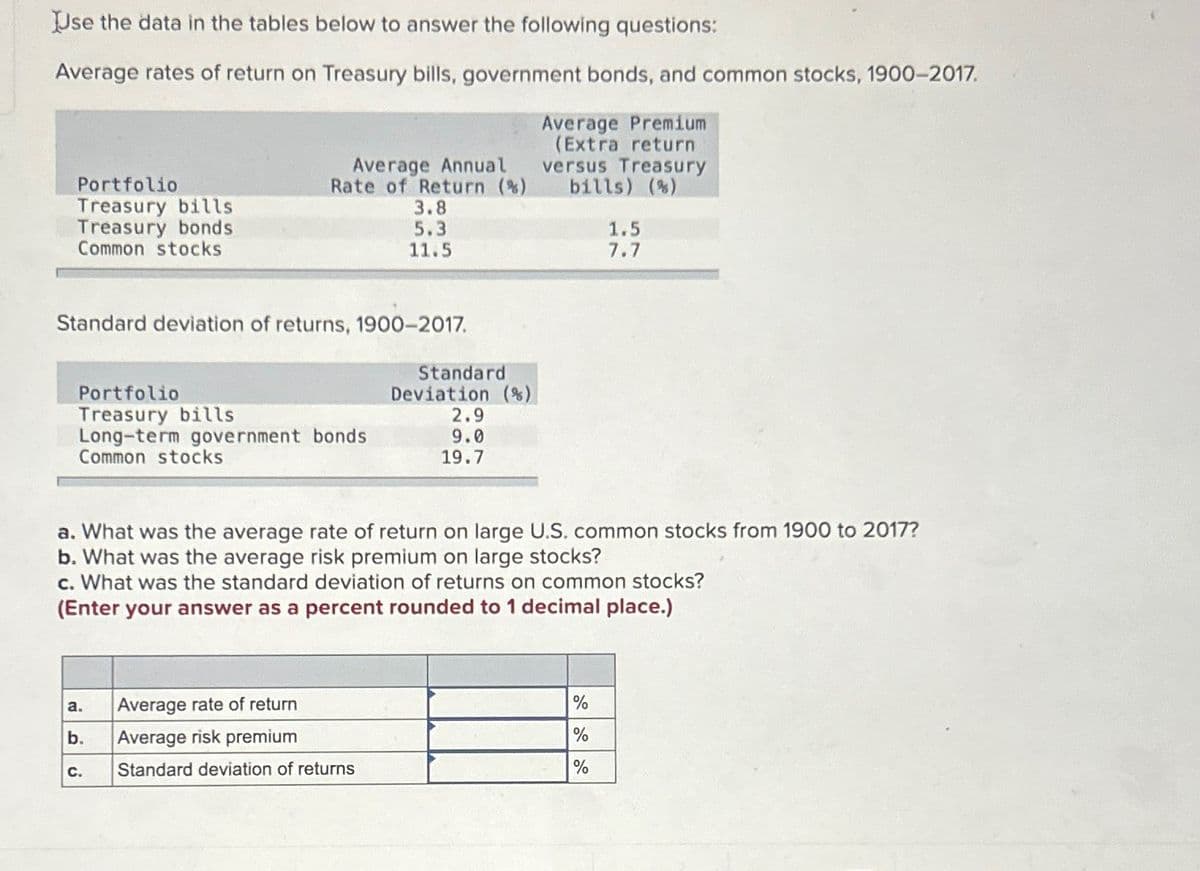 Use the data in the tables below to answer the following questions:
Average rates of return on Treasury bills, government bonds, and common stocks, 1900-2017.
Portfolio
Treasury bills
Treasury bonds
Common stocks
Average Annual
Rate of Return (%)
3.8
5.3
11.5
Average Premium
(Extra return
versus Treasury
bills) (%)
1.5
7.7
Standard deviation of returns, 1900-2017.
Standard
Portfolio
Deviation (%)
Treasury bills
2.9
Long-term government bonds
9.0
Common stocks
19.7
a. What was the average rate of return on large U.S. common stocks from 1900 to 2017?
b. What was the average risk premium on large stocks?
c. What was the standard deviation of returns on common stocks?
(Enter your answer as a percent rounded to 1 decimal place.)
a.
Average rate of return
%
b.
Average risk premium
%
C.
Standard deviation of returns
%