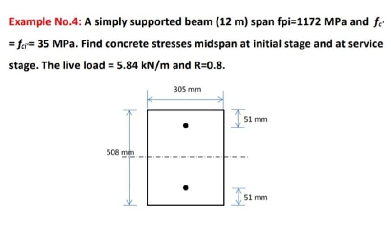 Example No.4: A simply supported beam (12 m) span fpi=1172 MPa and fe
=fci 35 MPa. Find concrete stresses midspan at initial stage and at service
stage. The live load = 5.84 kN/m and R=0.8.
305 mm
508 mm
51 mm
51 mm