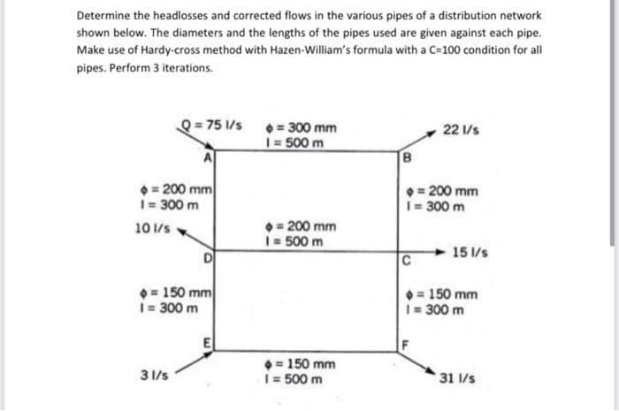 Determine the headlosses and corrected flows in the various pipes of a distribution network
shown below. The diameters and the lengths of the pipes used are given against each pipe.
Make use of Hardy-cross method with Hazen-William's formula with a C-100 condition for all
pipes. Perform 3 iterations.
Q = 75 l/s
= 300 mm
1=500 m
22 1/s
A
B
=200 mm
1 = 300 m
101/s
= 200 mm
1 = 500 m
= 200 mm
1 = 300 m
=150 mm
1 = 300 m
31/s
E
= 150 mm
1 = 500 m
15 1/s
C
150 mm
1 = 300 m
31 l/s