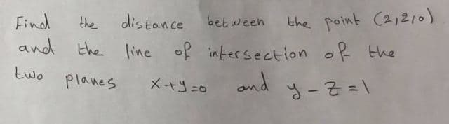 distance
between the point (21210)
Find
the
and the line of intersection of the
two
Planes
and y-z=\
メ+リ=o
