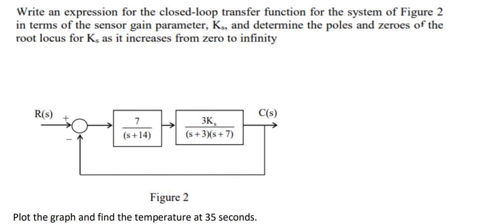 Write an expression for the closed-loop transfer function for the system of Figure 2
in terms of the sensor gain parameter, K, and determine the poles and zeroes of the
root locus for K, as it increases from zero to infinity
R(s)
C(s)
3K,
(s +3)(s+7)
7
(s+14)
Figure 2
Plot the graph and find the temperature at 35 seconds.
