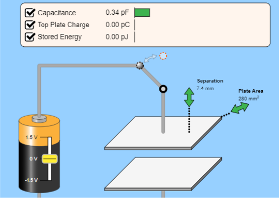 Capacitance
0.34 pF
Top Plate Charge
0.00 pc
Stored Energy
0.00 pJ
Separation
7.4 mm
Plate Area
280 mm
1.5 V
Ov
-1.5 V
