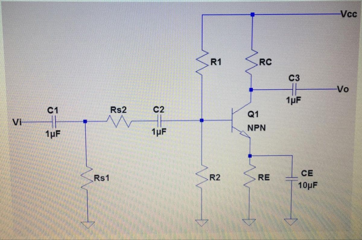 Vcc
R1
RC
C3
Vo
1µF
C1
Rs2
C2
Q1
Vi
NPN
1µF
1µF
CE
Rs1
R2
RE
10µF
^^
