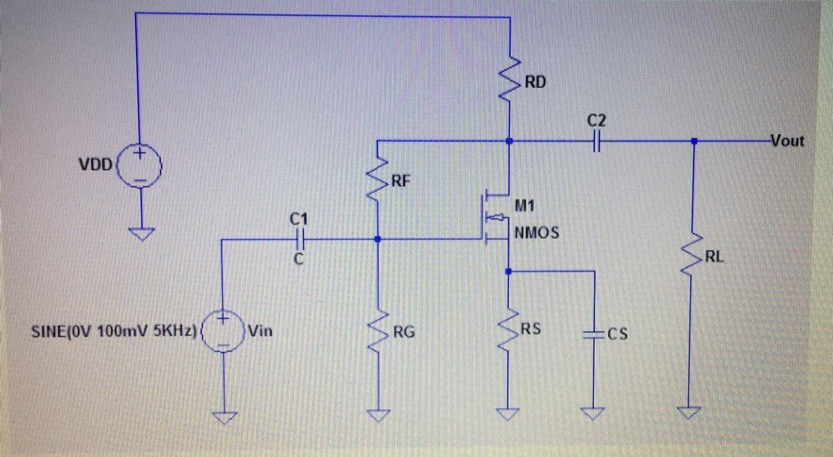 RD
C2
Vout
VDD
RF
M1
C1
NMOS
C
RL
SINE(OV 100mV 5KHZ)
Vin
RG
RS
=CS
