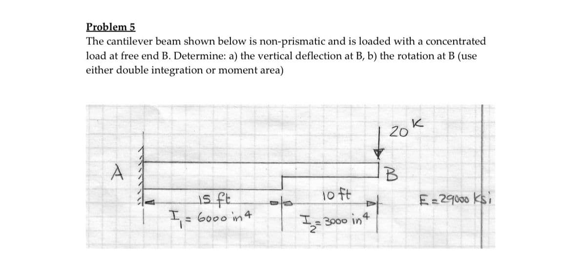 Problem 5
The cantilever beam shown below is non-prismatic and is loaded with a concentrated
load at free end B. Determine: a) the vertical deflection at B, b) the rotation at B (use
either double integration or moment area)
A
is ft
I₁ = 6000 in 4
10 ft
= 3000 in 4
H
20
B
K
E=29000 ksi