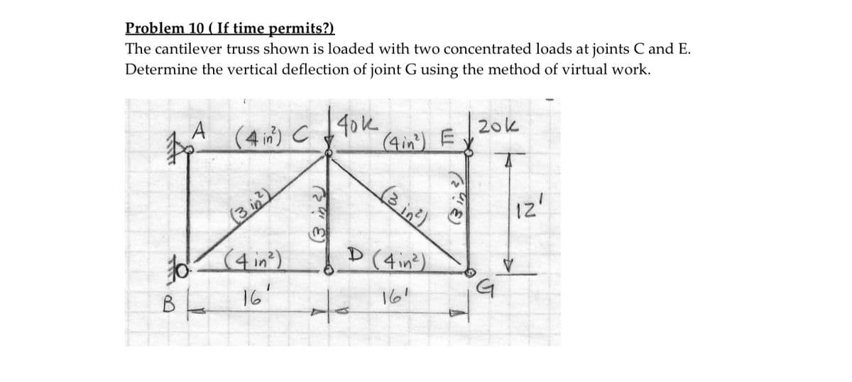 Problem 10 (If time permits?)
The cantilever truss shown is loaded with two concentrated loads at joints C and E.
Determine the vertical deflection of joint G using the method of virtual work.
140k
to
B
A
(4 in) C
(3 in ²)
(4 in²)
16'
(4in¹) E
(3 in ²)
D (4in³)
y
20k
G
12'