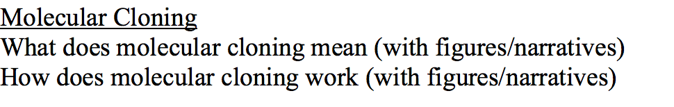 Molecular Cloning
What does molecular cloning
How does molecular cloning work (with figures/narratives)
mean
(with figures/narratives)
