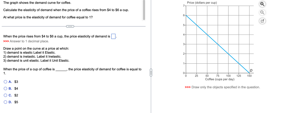 The graph shows the demand curve for coffee.
Calculate the elasticity of demand when the price of a coffee rises from $4 to $6 a cup.
At what price is the elasticity of demand for coffee equal to 1?
When the price rises from $4 to $6 a cup, the price elasticity of demand is
>>> Answer to 1 decimal place.
Draw a point on the curve at a price at which:
1) demand is elastic Label it Elastic.
2) demand is inelastic. Label it Inelastic.
3) demand is unit elastic. Label it Unit Elastic.
When the price of a cup of coffee is
1.
OO
O
O
A. $3
B. $4
C. $2
D. $5
"
the price elasticity of demand for coffee is equal to
D
7-
6-
5-
4-
3-
2-
1
Price (dollars per cup)
0
50
75
100
Coffee (cups per day)
>>> Draw only the objects specified in the question.
D
125 150
25