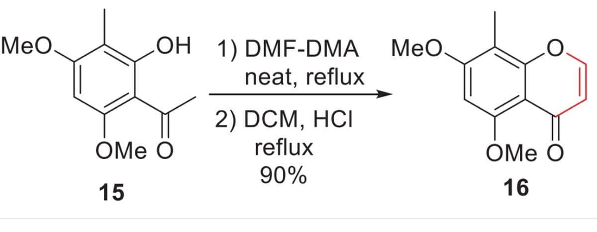 MeO
OH 1) DMF-DMA
neat, reflux
2) DCM, HCI
reflux
90%
OME O
15
MeO.
COME O
16