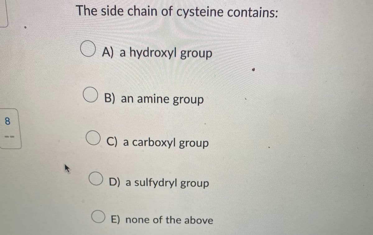 8
The side chain of cysteine contains:
A) a hydroxyl group
OB) an amine group
OC) a carboxyl group
OD) a sulfydryl group
OE) none of the above