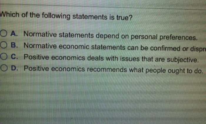 Which of the following statements is true?
OA. Normative statements depend on personal preferences.
OB. Normative economic statements can be confirmed or dispre
OC. Positive economics deals with issues that are subjective.
OD. Positive economics recommends what people ought to do.
