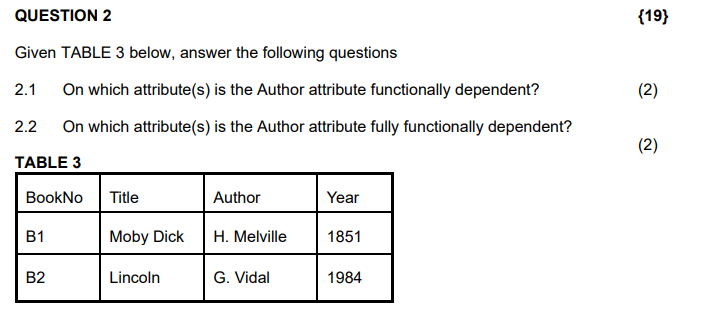 QUESTION 2
Given TABLE 3 below, answer the following questions
{19}
2.1
On which attribute(s) is the Author attribute functionally dependent?
(2)
2.2
TABLE 3
On which attribute(s) is the Author attribute fully functionally dependent?
(2)
BookNo Title
Author
Year
B1
Moby Dick
H. Melville
1851
62
B2
Lincoln
G. Vidal
1984