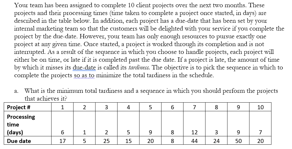 Your team has been assigned to complete 10 client projects over the next two months. These
projects and their processing times (time taken to complete a project once started, in days) are
described in the table below. In addition, each project has a due-date that has been set by your
internal marketing team so that the customers will be delighted with your service if you complete the
project by the due-date. However, your team has only enough resources to pursue exactly one
project at any given time. Once started, a project is worked through its completion and is not
interrupted. As a result of the sequence in which you choose to handle projects, each project will
either be on time, or late if it is completed past the due date. If a project is late, the amount of time
by which it misses its due-date is called its tardiness. The objective is to pick the sequence in which to
complete the projects so as to minimize the total tardiness in the schedule.
What is the minimum total tardiness and a sequence in which you should perform the projects
that achieves it?
а.
Project #
1
2
3.
4
5
7
8
9
10
Processing
time
(days)
6
1
2
9
12
3
7
Due date
17
25
15
20
8
44
24
50
20
