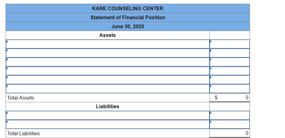 KARE COUNSELING CENTER
Statement of Financial Position
June 30, 2020
Assets
Total Assets
$
Liabilities
Total Liabilities
