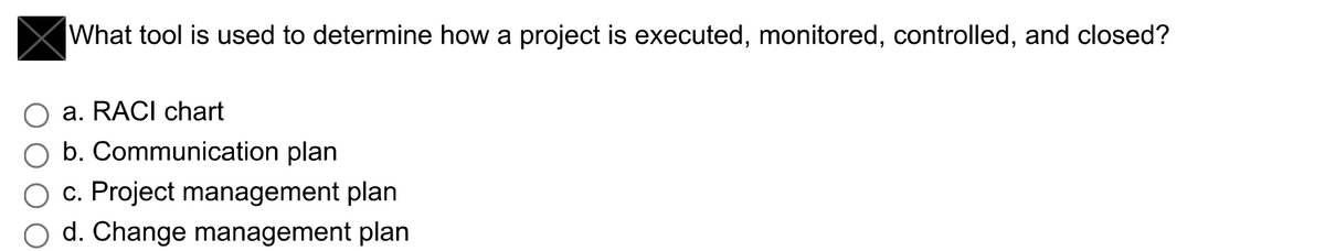 What tool is used to determine how a project is executed, monitored, controlled, and closed?
a. RACI chart
b. Communication plan
c. Project management plan
d. Change management plan