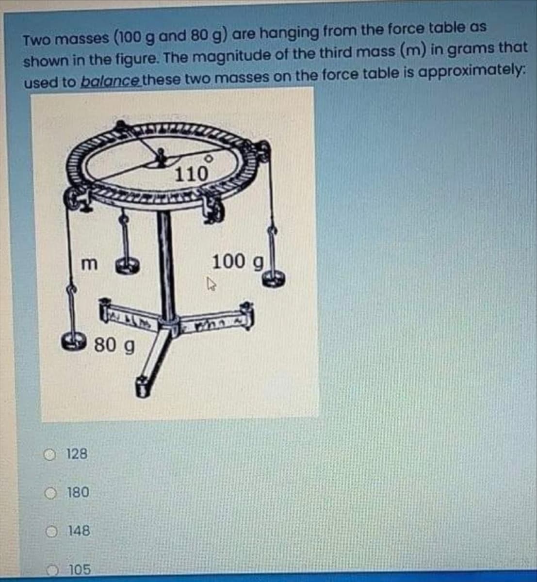 Two masses (100 g and 80 g) are hanging from the force table as
shown in the figure. The magnitude of the third mass (m) in grams that
used to balance these two masses on the force table is approximately:
E
80 g
128
180
148
105
110
100 g