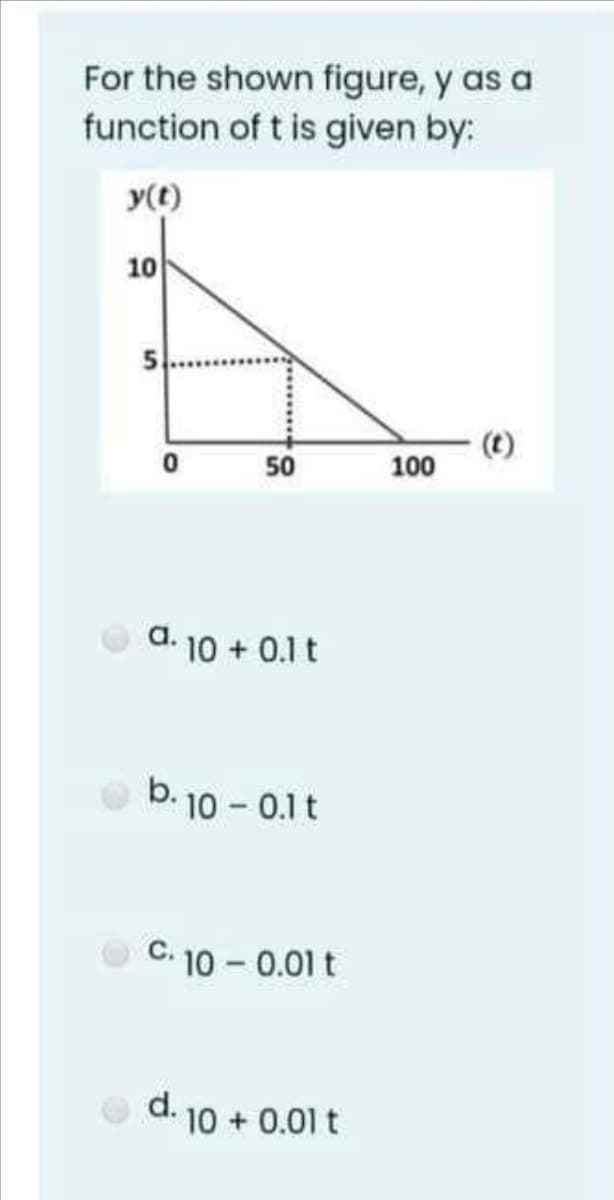 For the shown figure, y as a
function of t is given by:
y(t)
10
5
0
50
(t)
50
100
a. 10 + 0.1 t
b. 10 -0.1t
C. 10 -0.01 t
d.
10+ 0.01 t