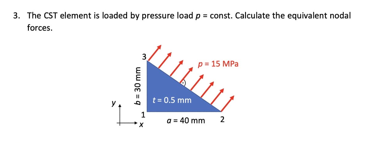 3. The CST element is loaded by pressure load p
= const. Calculate the equivalent nodal
forces.
3
p = 15 MPa
t = 0.5 mm
1
a = 40 mm
2
b = 30 mm
