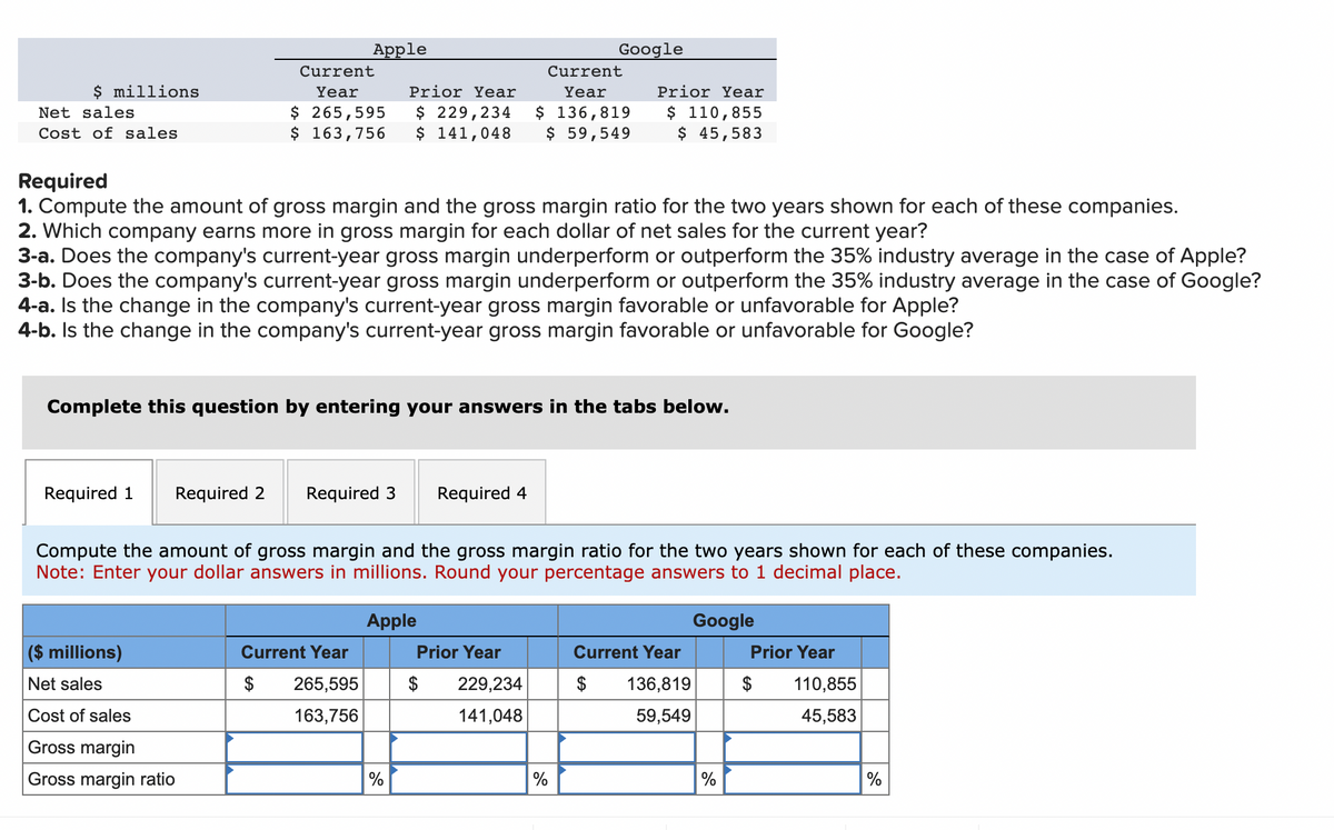 $ millions
Net sales
Cost of sales
Apple
Current
Year
$ 265,595
$ 163,756
($ millions)
Net sales
Cost of sales
Gross margin
Gross margin ratio
Prior Year
$ 229,234
$ 141,048
Required 1 Required 2 Required 3 Required 4
Required
1. Compute the amount of gross margin and the gross margin ratio for the two years shown for each of these companies.
2. Which company earns more in gross margin for each dollar of net sales for the current year?
3-a. Does the company's current-year gross margin underperform or outperform the 35% industry average in the case of Apple?
3-b. Does the company's current-year gross margin underperform or outperform the 35% industry average in the case of Google?
4-a. Is the change in the company's current-year gross margin favorable or unfavorable for Apple?
4-b. Is the change in the company's current-year gross margin favorable or unfavorable for Google?
Current Year
265,595
163,756
Complete this question by entering your answers in the tabs below.
%
Compute the amount of gross margin and the gross margin ratio for the two years shown for each of these companies.
Note: Enter your dollar answers in millions. Round your percentage answers to 1 decimal place.
Apple
Google
Current
Year
$ 136,819
$ 59,549
Prior Year
229,234
141,048
Prior Year
$ 110,855
$ 45,583
%
Current Year
$ 136,819
59,549
Google
%
Prior Year
$
110,855
45,583
%