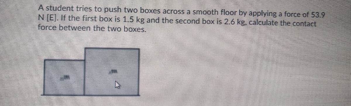 A student tries to push two boxes across a smooth floor by applying a force of 53.9
N[E]. If the first box is 1.5 kg and the second box is 2.6 kg, calcCulate the contact
force between the two boxes.
