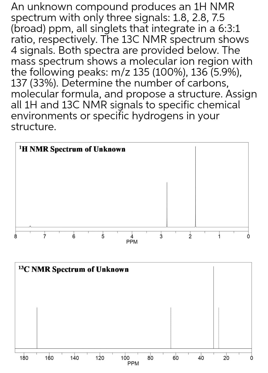 An unknown compound produces an 1H NMR
spectrum with only three signals: 1.8, 2.8, 7.5
(broad) ppm, all singlets that integrate in a 6:3:1
ratio, respectively. The 13C NMR spectrum shows
4 signals. Both spectra are provided below. The
mass spectrum shows a molecular ion region with
the following peaks: m/z 135 (100%), 136 (5.9%),
137 (33%). Determine the number of carbons,
molecular formula, and propose a structure. Assign
all 1H and 13C NMR signals to specific chemical
environments or specific hydrogens in your
structure.
'H NMR Spectrum of Unknown
8
6
PPM
13C NMR Spectrum of Unknown
160
140
80
60
100
PPM
180
120
40
20
