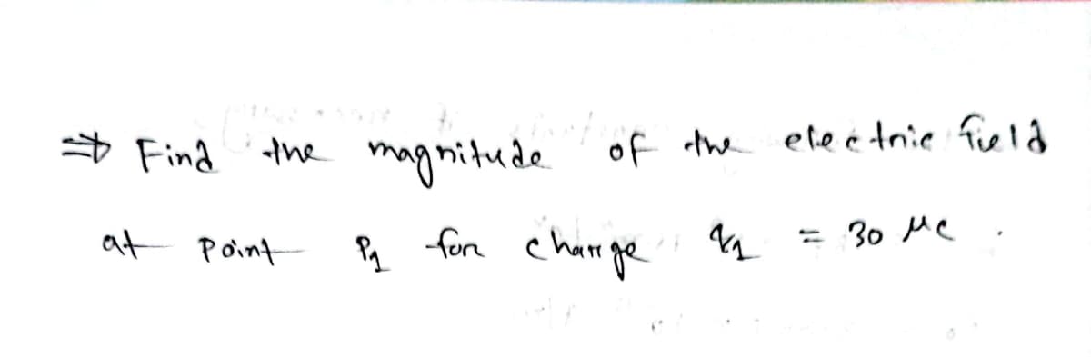 $ Find the magnitude of the
ete é trie fiel a
for char ge
= 30 Me
at point
