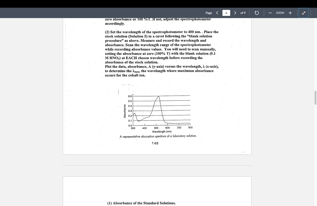 zero absorbance or 100 %T. If not, adjust the spectrophotometer
accordingly.
(2) Set the wavelength of the spectrophotometer to 400 nm. . Place the
stock solution (Solution 5) in a cuvet following the "blank solution
procedure" as above. Measure and record the wavelength and
absorbance. Scan the wavelength range of the spectrophotometer
while recording absorbance values. You will need to scan manually,
setting the absorbance at zero (100% T) with the blank solution (0.1
M HNO3) at EACH chosen wavelength before recording the
absorbance of the stock solution.
Plot the data, absorbance, A (y-axis) versus the wavelength, λ (x-axis),
to determine the λmax, the wavelength where maximum absorbance
occurs for the cobalt ion.
Absorbance
0.6
0.5
0.4
0.3
0.2
0.1
0.0
300
400
500.
600
Wavelength (nm)
A representative absorption spectrum of a laboratory solution.
148
Page
.700
(1) Absorbance of the Standard Solutions.
800
4
of 9
O
-
ZOOM +