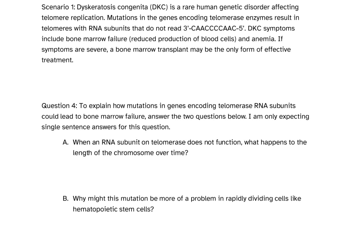 Scenario 1: Dyskeratosis congenita (DKC) is a rare human genetic disorder affecting
telomere replication. Mutations in the genes encoding telomerase enzymes result in
telomeres with RNA subunits that do not read 3'-CAACCCCAAC-5'. DKC symptoms
include bone marrow failure (reduced production of blood cells) and anemia. If
symptoms are severe, a bone marrow transplant may be the only form of effective
treatment.
Question 4: To explain how mutations in genes encoding telomerase RNA subunits
could lead to bone marrow failure, answer the two questions below. I am only expecting
single sentence answers for this question.
A. When an RNA subunit on telomerase does not function, what happens to the
length of the chromosome over time?
B. Why might this mutation be more of a problem in rapidly dividing cells like
hematopoietic stem cells?