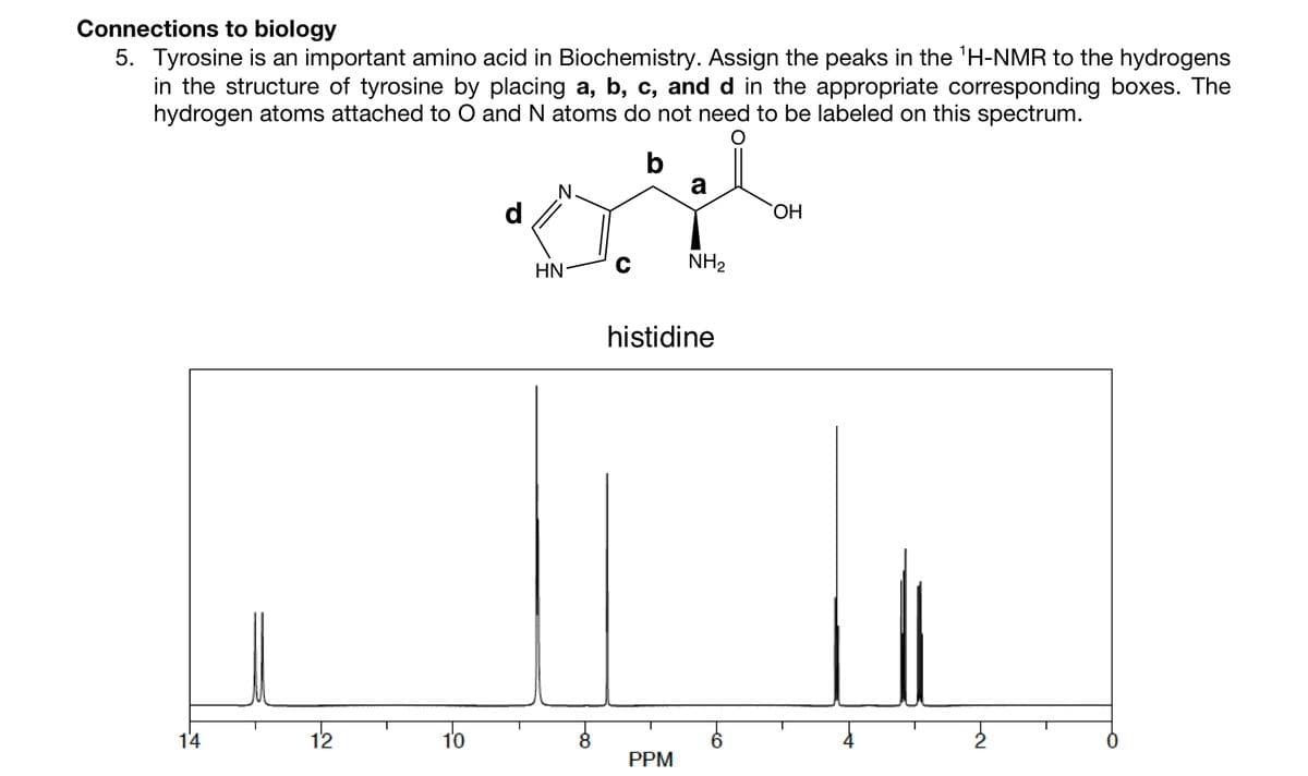 Connections to biology
5. Tyrosine is an important amino acid in Biochemistry. Assign the peaks in the ¹H-NMR to the hydrogens
in the structure of tyrosine by placing a, b, c, and d in the appropriate corresponding boxes. The
hydrogen atoms attached to O and N atoms do not need to be labeled on this spectrum.
b
14
12
10
d
HN
C
NH₂
histidine
PPM
OH