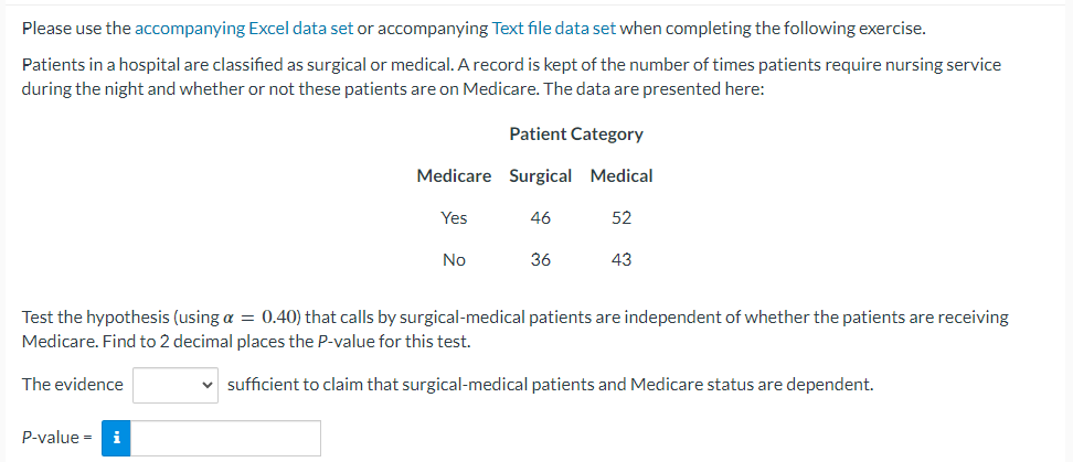 Please use the accompanying Excel data set or accompanying Text file data set when completing the following exercise.
Patients in a hospital are classified as surgical or medical. A record is kept of the number of times patients require nursing service
during the night and whether or not these patients are on Medicare. The data are presented here:
The evidence
Medicare
Yes
P-value = i
No
Patient Category
Surgical Medical
46
36
52
Test the hypothesis (using a = 0.40) that calls by surgical-medical patients are independent of whether the patients are receiving
Medicare. Find to 2 decimal places the P-value for this test.
V sufficient to claim that surgical-medical patients and Medicare status are dependent.
43