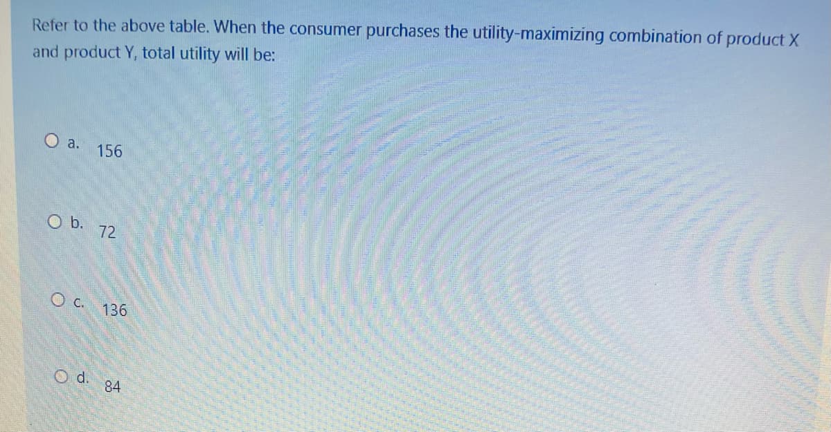 Refer to the above table. When the consumer purchases the utility-maximizing combination of product X
and product Y, total utility will be:
O a. 156
O b. 72
O c.
O d.
136
84